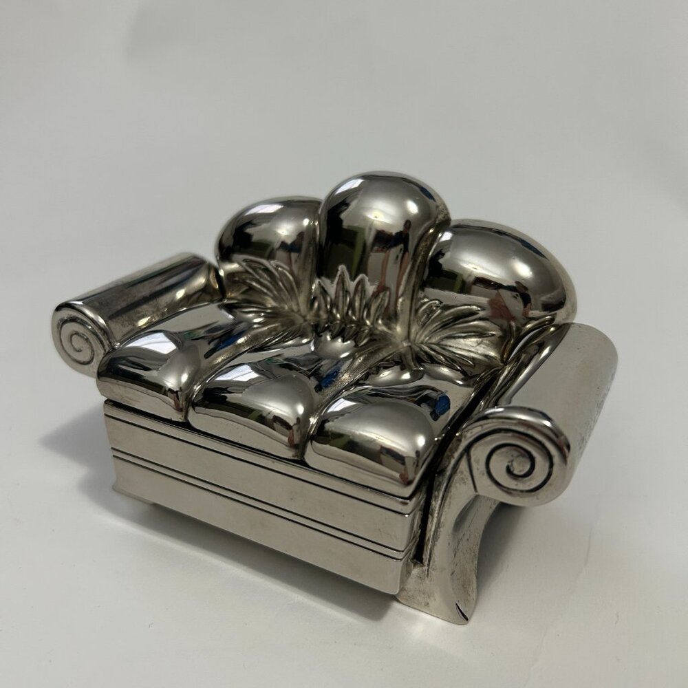 Vintage 1991 Godinger Silver Plated Sofa Couch Red Velvet Jewelry Box Lid mirror - Picture 3 of 15